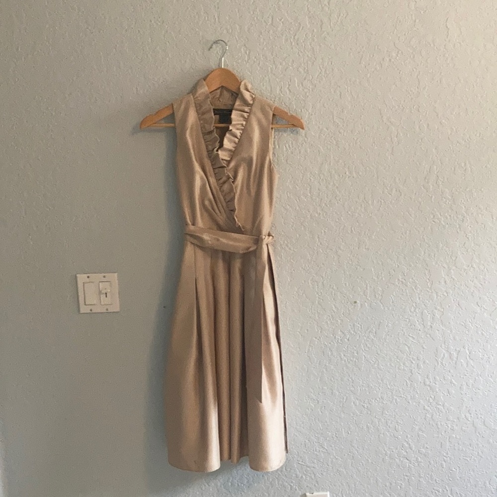 Shiny gold midi dress with ruffle neck